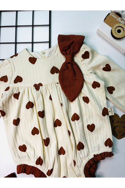 cacobutik Baby Girl Heart Socks Bandana Romper Set Cream-Tan