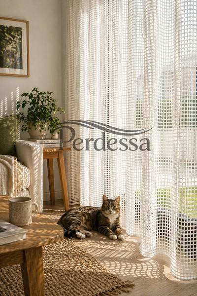 Perdessa Kedi Dostu Ekru File Tül Seyrek Pile 1/2 Onarılabilir Tül