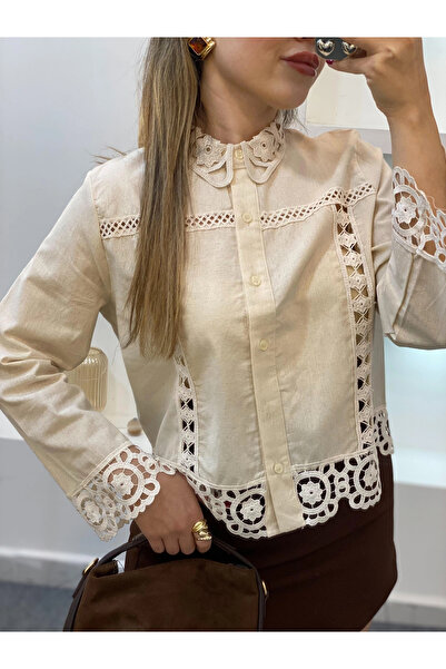 MetuCA Γυναικείο πουκάμισο από βαμβακερό λινό σε μπεζ σχέδιο με μοτίβο και δα...