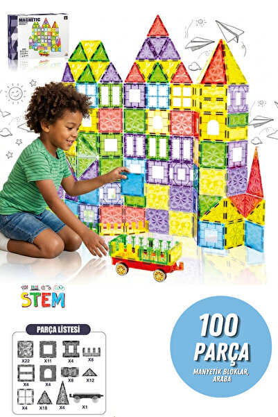 welcomein 100 Parça 7,5 cm Manyetik Yapı Blokları Seti Arabalı Eğitici Oyunca...