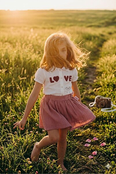 cacobutik Baby Girl Love Heart Punch Embroidered Linen Shirt Skirt Set Pink