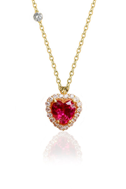 Demas Gold 14 Ayar Altın Pırlanta Tohumlu cherry yakut Rengi Kalp Kolye