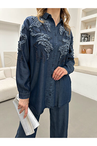 MİA NOURA Women's Denim Fabric Suit with Embroidered Front and Sleeves