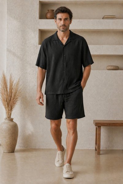 COMANCHERO Men's Short Sleeve Wrinkled Shirt Shorts Set