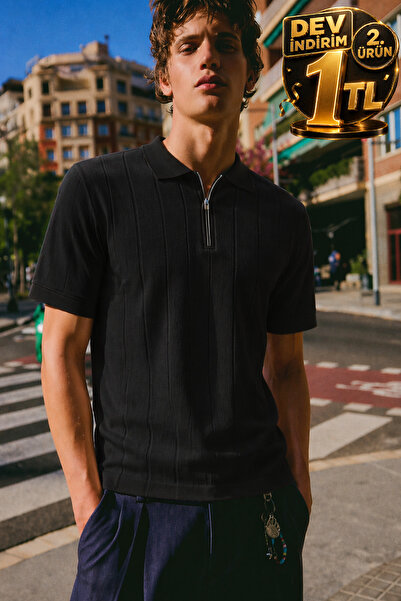 Maccali Ανδρικό μπλουζάκι με ριγέ φερμουάρ και μαύρο γιακά πόλο