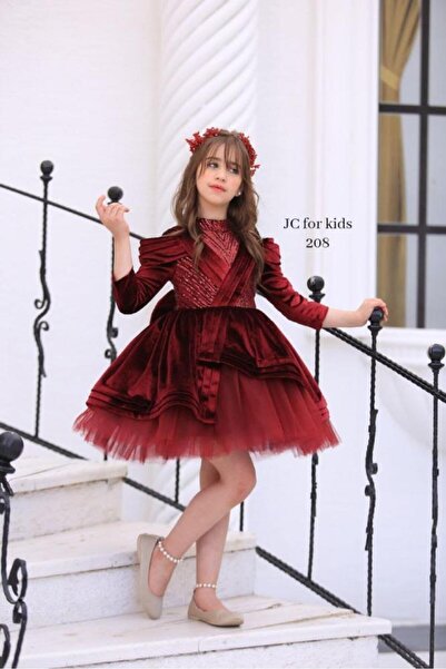 JC فستان بناتي مخملي عنّابي فخم بتصميم راقٍ Violet Flower Boutique
