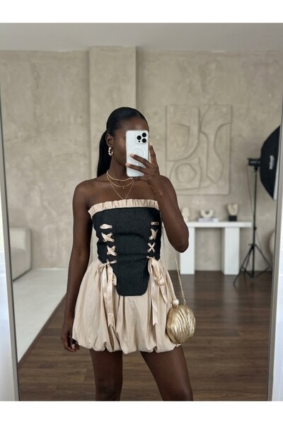 LOKADI Γυναικείο τζιν κορσέ με λεπτομέρειες, μπεζ φούστα μπαλόνι και κομψό σε...