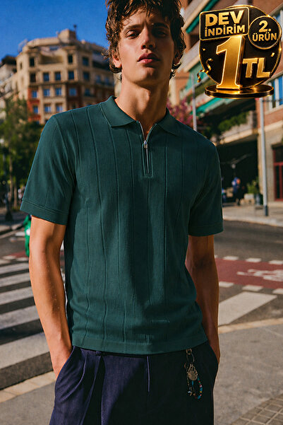 Maccali Ανδρικό μπλουζάκι με ριγέ φερμουάρ και μαύρο πράσινο γιακά πόλο