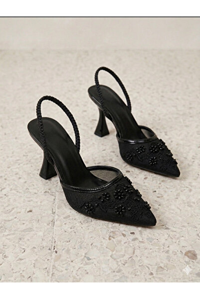 KM shoes Boncuk İşlemeli Kadın Topuklu – Şeffaf Tül Detaylı Sivri Burun