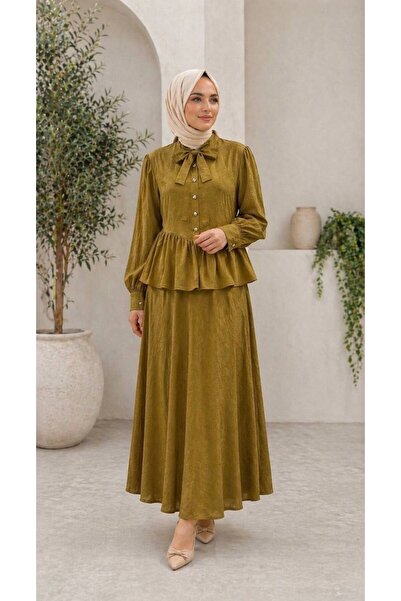 asyadabutik Women's Jacquard Fabric Pleated Shirt Bow Detailed Shirt Skirt Do...