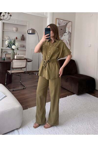 FERZOLAİO Khaki Linen Suit with Gold Buttons and Belt