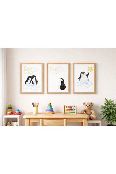 Himge Dekor Penguen Aile Temalı Duvar Tablosu 3'lü Set, Ahşap Çerçeveli Ay Yı...