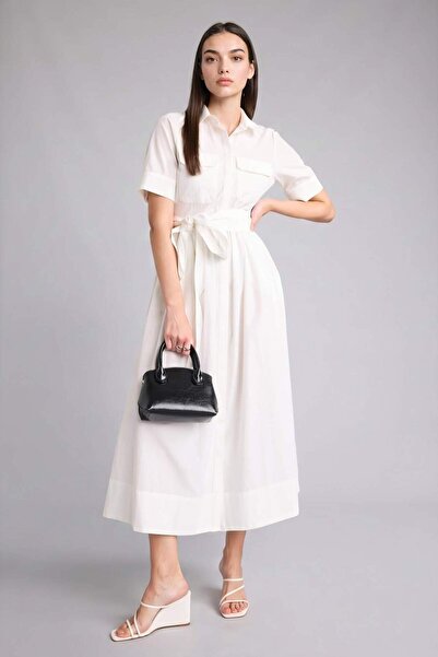 DeFacto Φόρεμα μίντι με κοντό μανίκι από βαμβακερό τερί με γιακά πουκάμισου σ...