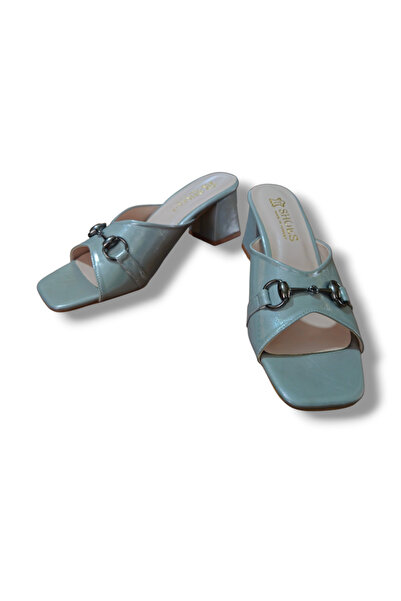 BARONES SHOES Women's Metallic Silver Buckle Thick-Heeled Slippers