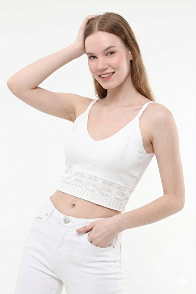 Dynora Wear Halter Yaka Delikli Triko Beyaz Kadın Atlet