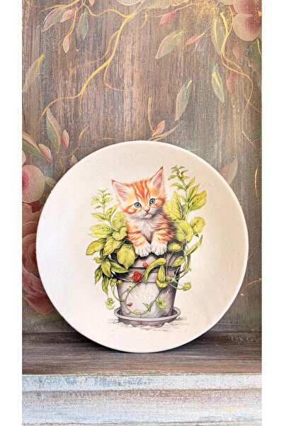 Baykuşca Cat in a Flowerpot 18 cm Wall Plate, Decoration, Kitchen, Balcony