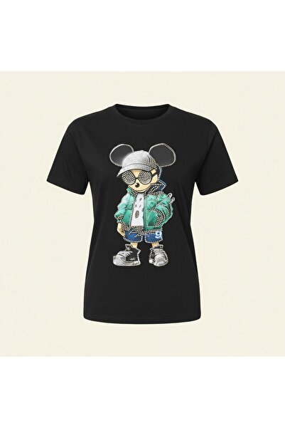 LAMİ CİMİ Tricou Damă Negru Urban Mickey Bumbac 100% – Model cu Cristale Stră...