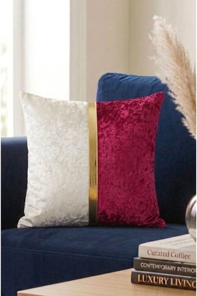 DAHABELLA LUXE HOME Set of 2 Luxury Premium Gold Striped Double Color Velvet Cushion Covers - Special Design 45X45 cm