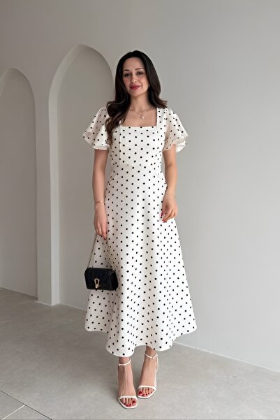 Varyete Γυναικείο φόρεμα με τετράγωνο γιακά, με βολάν στα μανίκια και πουά σχ...