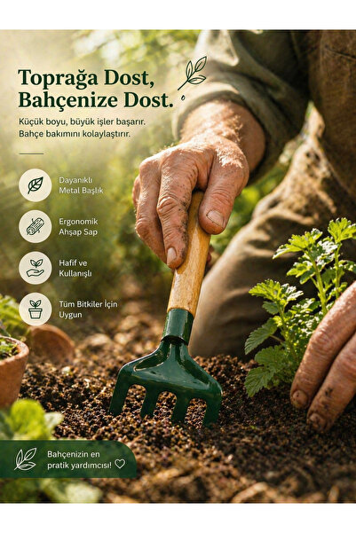 A&B Mini Bahçe Tırmığı El Küreği Küçük Bahçe Çapası Ahşap Saplı