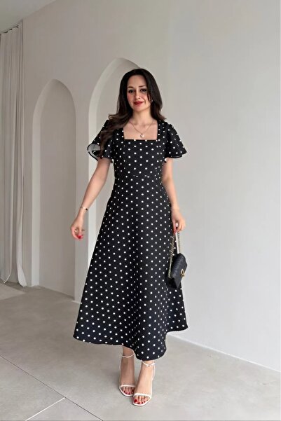 Varyete Γυναικείο φόρεμα με τετράγωνο γιακά, με βολάν στα μανίκια και πουά σχ...