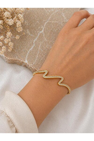stainless steell Zigzag Model Stone-Encrusted Steel Handcuff Bracelet