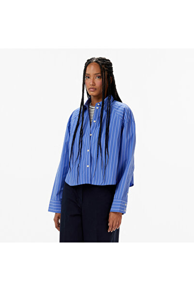Calvin Klein Stripe Boxy Cropped Kadın Mavi Gömlek