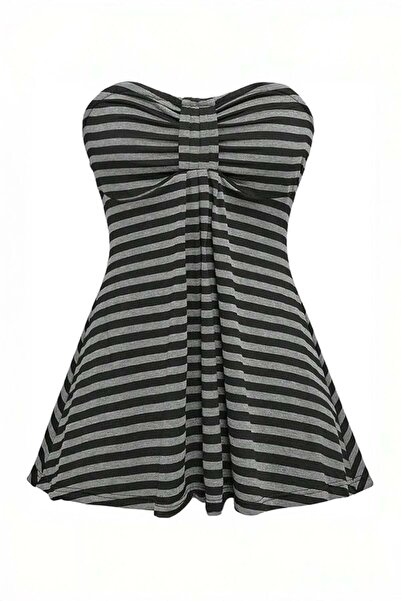 Karakedi Μαύρη Ανθρακί Ριγέ Μπλούζα Y2K Στράπλες Κροπ