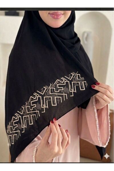 Veil Designer طرحة بوال اسود بتطريز بيج هندسي قماش ياباني بتطريز علي طرفين اس...
