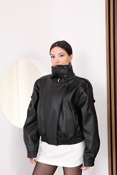 FAMODA Premium Series Stand Collar Double Breasted Oversize Bomber Leather Ja...