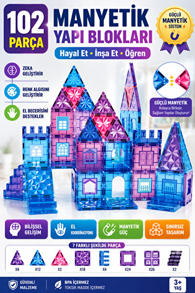 YILDIRIM OYUNCAK Educational Magnetic Building Blocks 102 Pieces 7.5 cm – Ste...