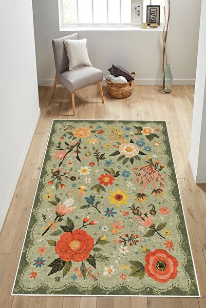 Floral Pattern Printed Anti-Slip Washable Living Room Kitchen Entry Carpet Runner