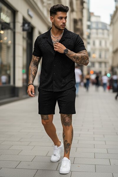 dehaine Ανδρικό καλοκαιρινό σετ, πουκάμισο + σορτς, ανδρική φόρμα 3176