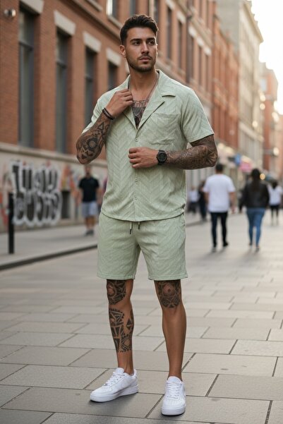 dehaine Ανδρικό καλοκαιρινό σετ, πουκάμισο + σορτς, ανδρική φόρμα 3175