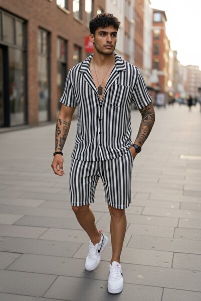 dehaine Ανδρικό καλοκαιρινό σετ, πουκάμισο + σορτς, ανδρική φόρμα 3177