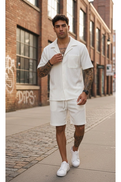 dehaine Ανδρικό καλοκαιρινό σετ, πουκάμισο + σορτς, ανδρική φόρμα 3179