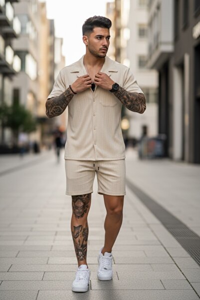 dehaine Ανδρικό καλοκαιρινό σετ, πουκάμισο + σορτς, ανδρική φόρμα 3178