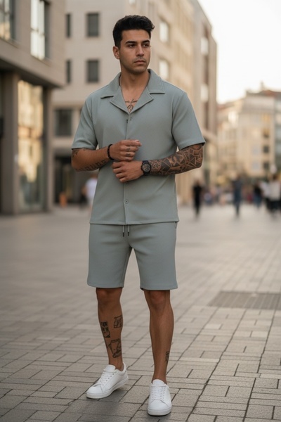 dehaine Ανδρικό καλοκαιρινό σετ, πουκάμισο + σορτς, ανδρική φόρμα 3170