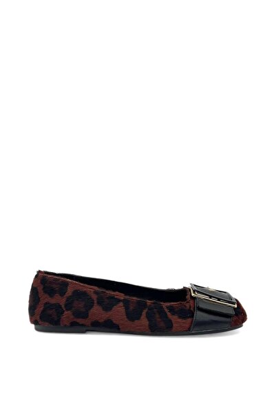Leopar Desenli Hakiki Deri Modern Toka Detaylı Küt Burun Kadın Babet (35OC03803)