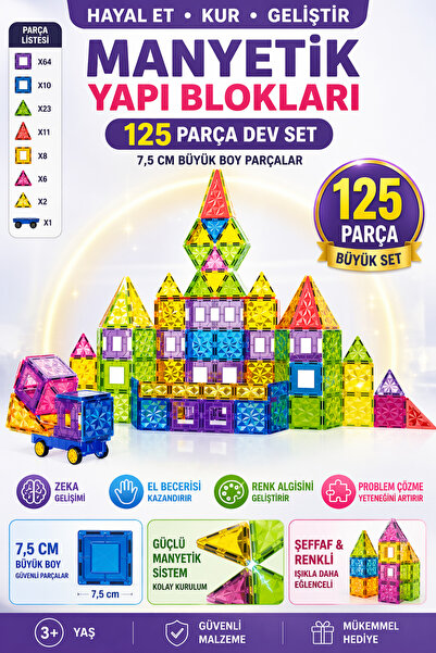YILDIRIM OYUNCAK Eğitici Manyetik Yapı Blokları 125 Parça 7,5 cm – STEAM Zeka...