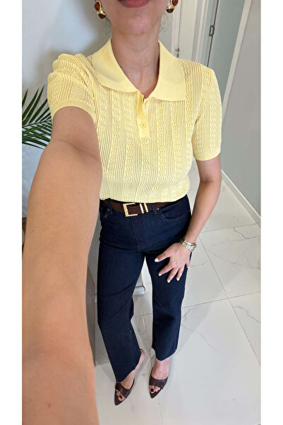 BİRCANÇİL Dlvin Hollda Κίτρινο Πλεκτό με Γιακά Πόλο και Διάτρητο Σχέδιο