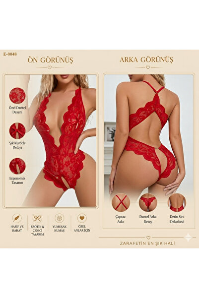 Kırmızı Dantel Transparan Fantazi Body Derin Dekolteli Seksi İç Giyim