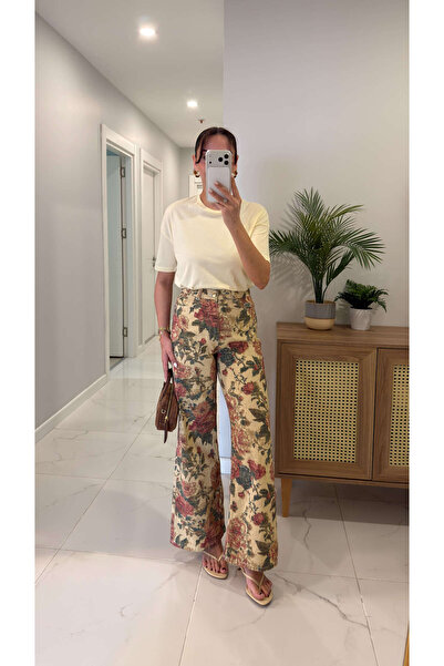 BİRCANÇİL Τζιν με σχέδιο λουλουδιών σε κίτρινο και μπορντό απόχρωση Dock