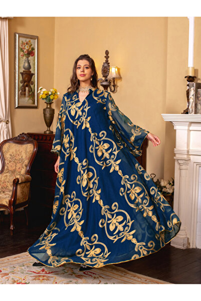 Greneric Green Abaya Dress with Gold Embroidery, Modest Kaftan with Belt