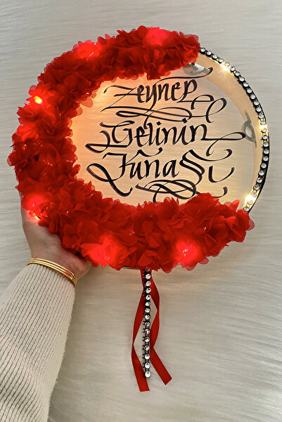 ZEYMERADE Kırmızı Ledli Gelin Tefi 32cm, Üç Boyutlu Çiçek Ve Parlak Taş Süsle...