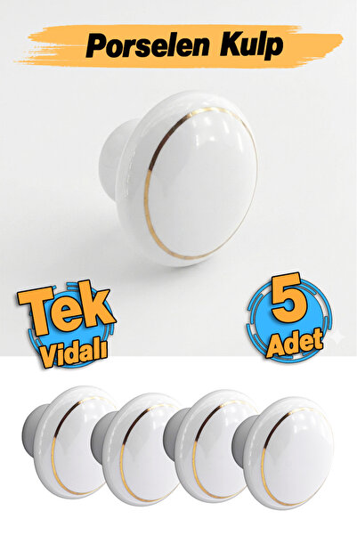 Badem10 (5 Adet) Vintage Porselen Yuvarlak Beyaz Renk Kulp Mobilya Gardrop Do...