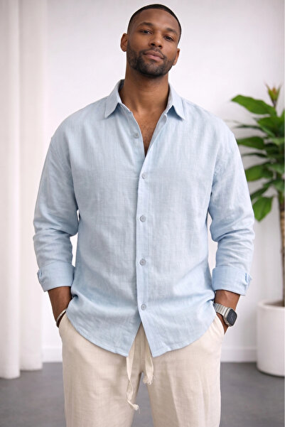 Edwox Men's Linen Look Cotton Comfortable Fit Shirt Light Blue Cd158
