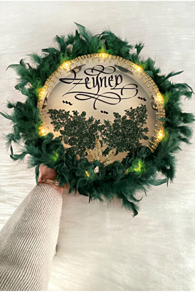 ZEYMERADE Zümrüt Yeşili Ledli Gelin Tefi 32cm, Lüx Aplik Çiçekli Tüylü Ve Par...