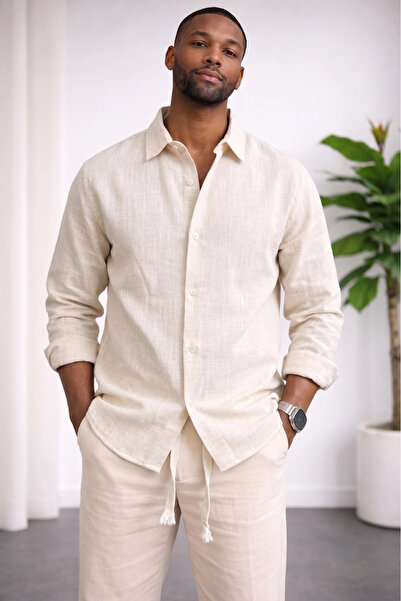 Edwox Ανδρικό πουκάμισο από λινό βαμβακερό ύφασμα, άνετη εφαρμογή, κρεμ Cd158