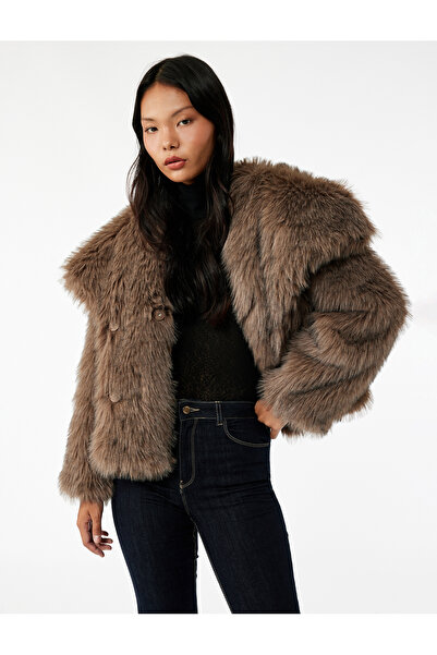 Koton Τεχνητό παλτό με συνθετική γούνα oversized Φαρδύ γιακά
